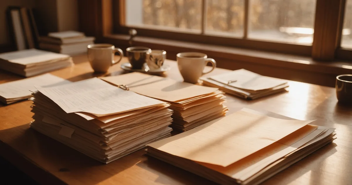 Recruiter desk with stacked resumes and a red pen